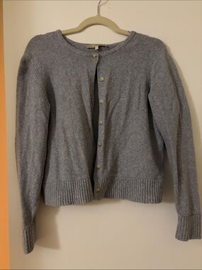 Blue Gray Crewneck Button-Front Cardigan Sweater
